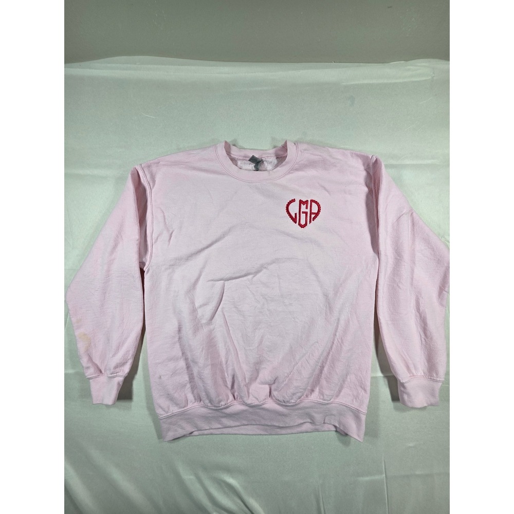 Gildan Heavy Blend Pink Monogram Heart Embroidered Crewneck Sweatshirt Large